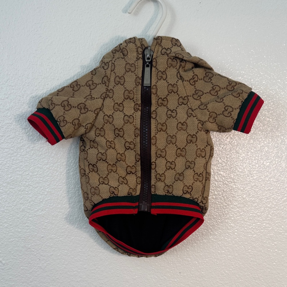 Designer Tan Dog Hoodie with Red and Green Accents